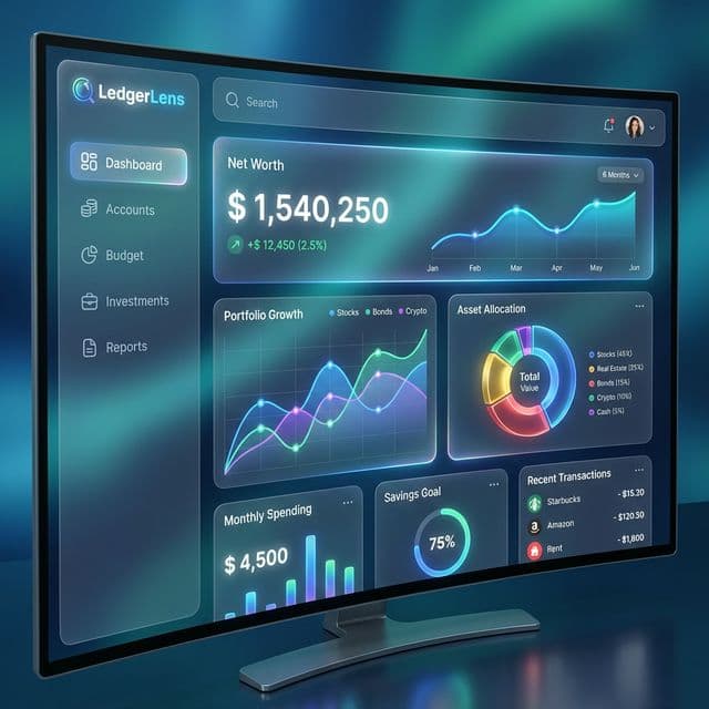 LedgerLens Dashboard showing searchable financial transactions and analytics
